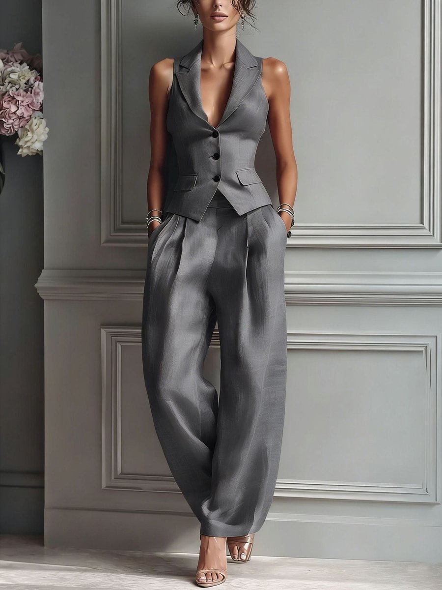 Women's Pleated High-Waist Wide Leg Pants Lapel Vest Two-Piece Set - Grey