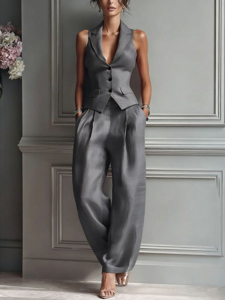 Women's Pleated High-Waist Wide Leg Pants Lapel Vest Two-Piece Set - Grey