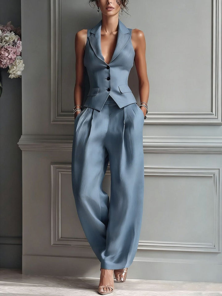 Women's Pleated High-Waist Wide Leg Pants Lapel Vest Two-Piece Set - Sky Blue