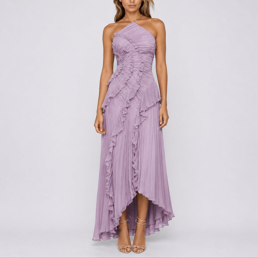 Women's Pleated Ruffle Halter Maxi Fall Wedding Guest Dresses - Purple