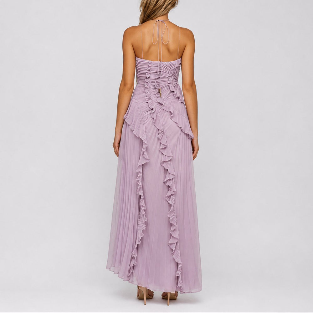 Women's Pleated Ruffle Halter Maxi Fall Wedding Guest Dresses