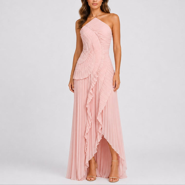 Women's Pleated Ruffle Halter Maxi Fall Wedding Guest Dresses - Pink