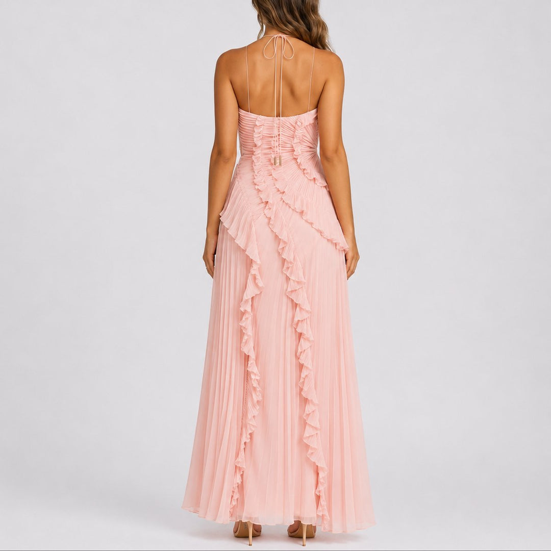 Women's Pleated Ruffle Halter Maxi Fall Wedding Guest Dresses