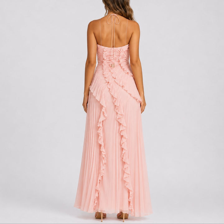 Women's Pleated Ruffle Halter Maxi Fall Wedding Guest Dresses