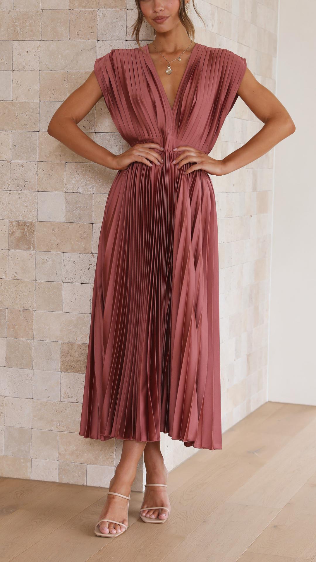 Nicole | Women's Pleated V Neck Midi Wedding Guest Dress