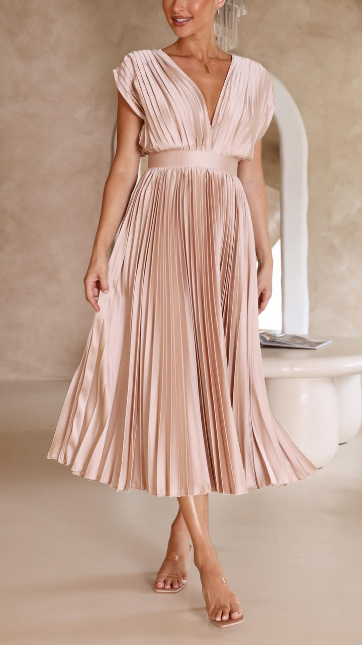 Nicole | Women's Pleated V Neck Midi Wedding Guest Dress