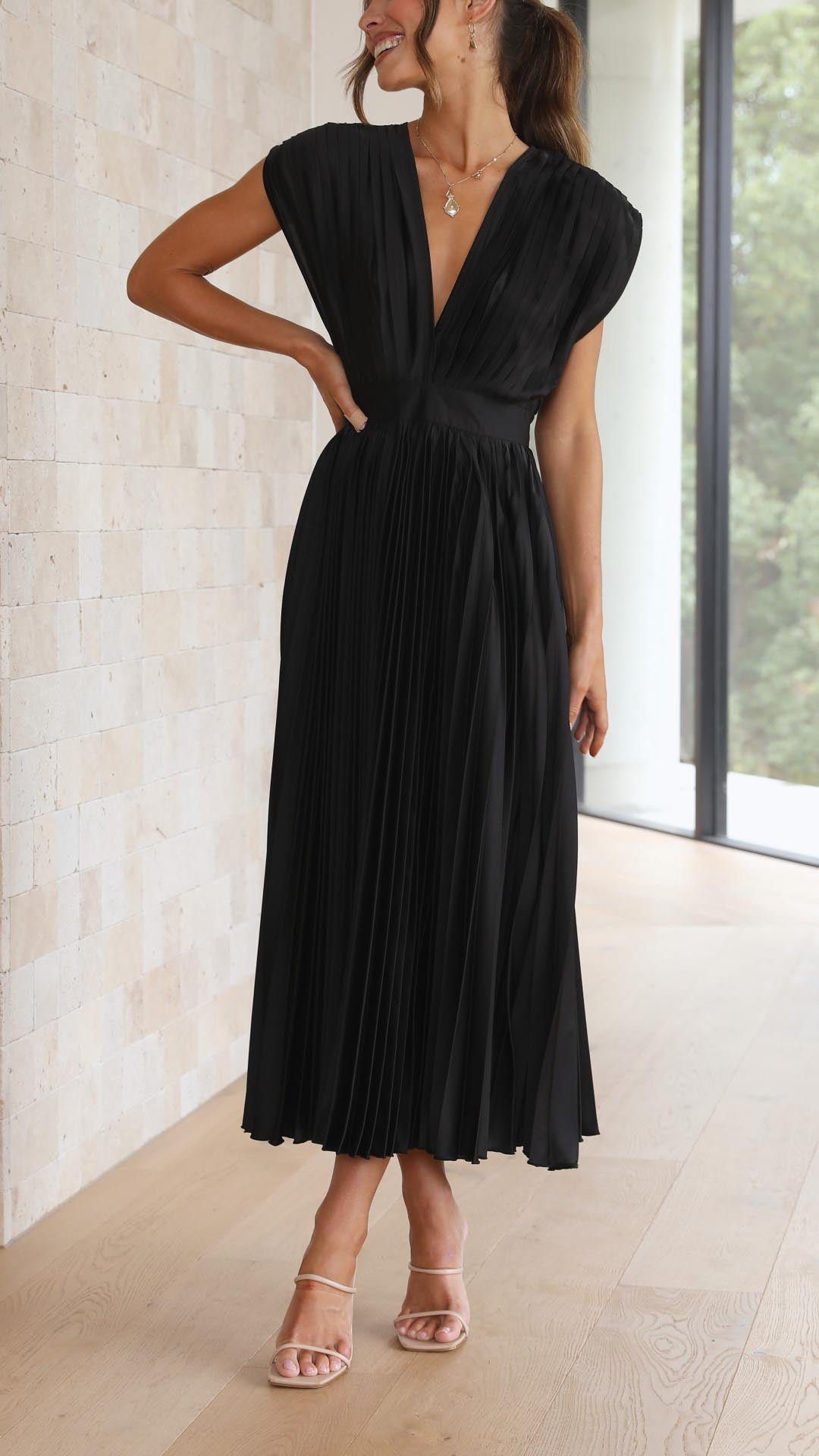 Nicole | Women's Pleated V Neck Midi Wedding Guest Dress