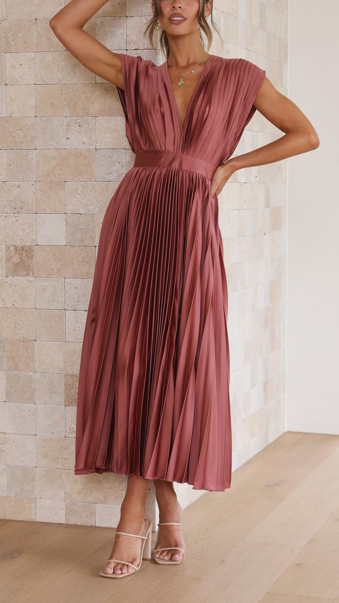 Nicole | Women's Pleated V Neck Midi Wedding Guest Dress