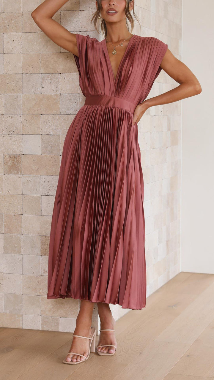 Nicole | Women's Pleated V Neck Midi Wedding Guest Dress