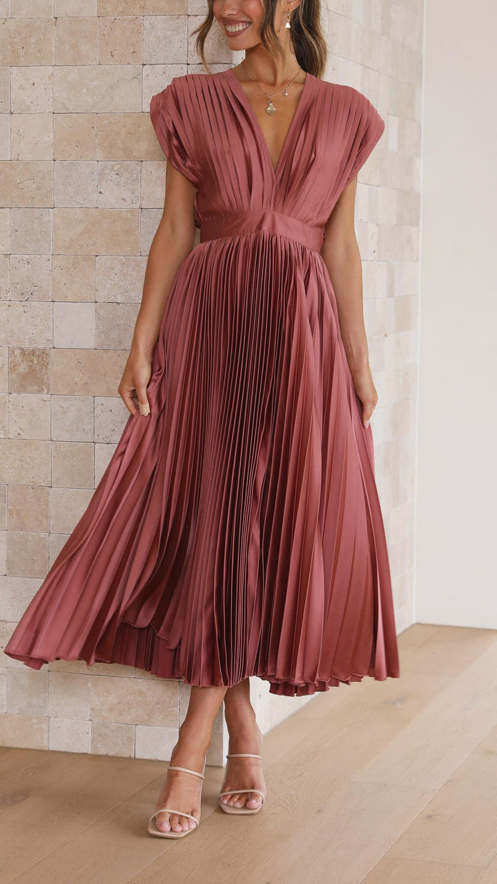 Nicole | Women's Pleated V Neck Midi Wedding Guest Dress