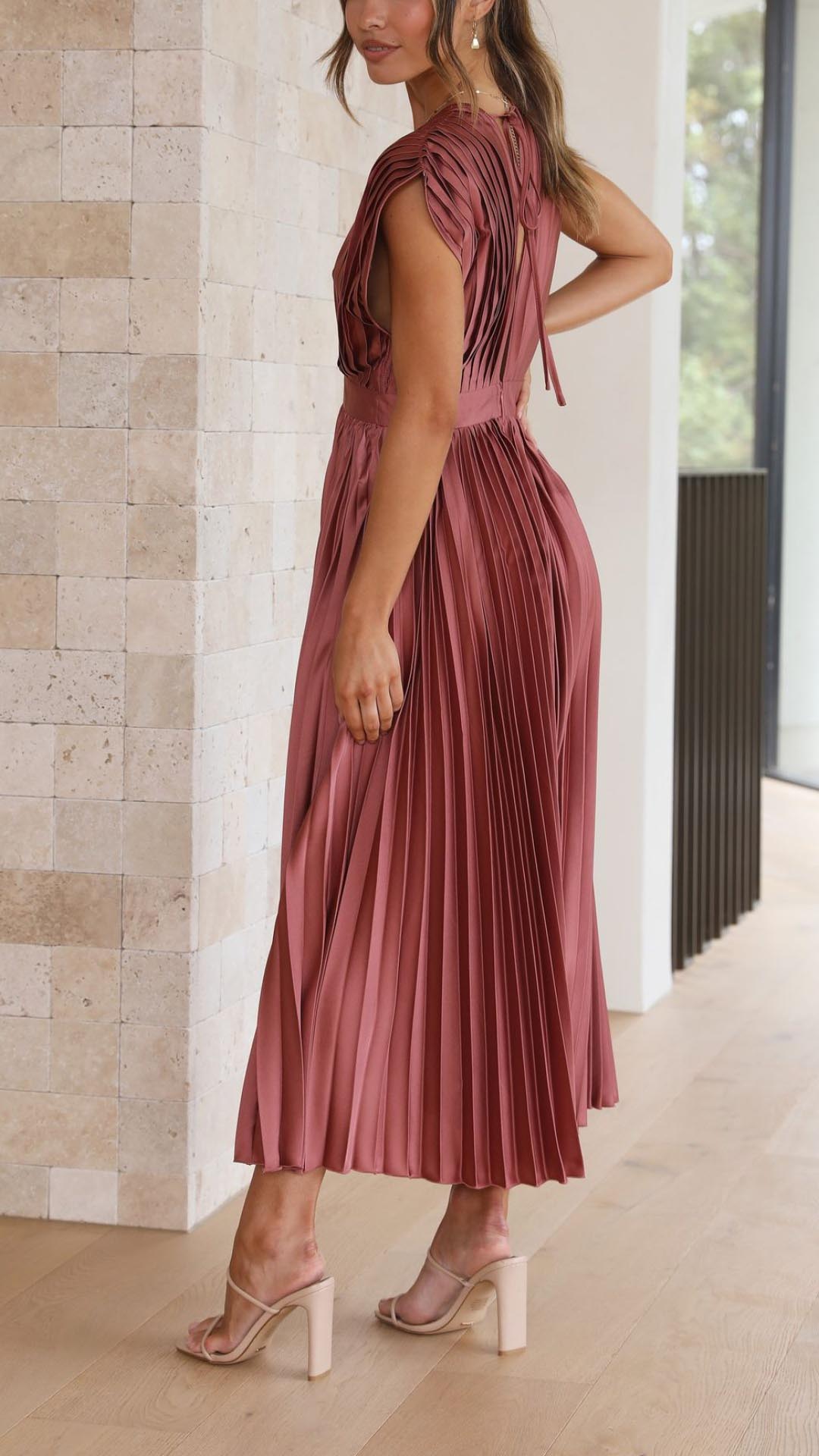 Nicole | Women's Pleated V Neck Midi Wedding Guest Dress