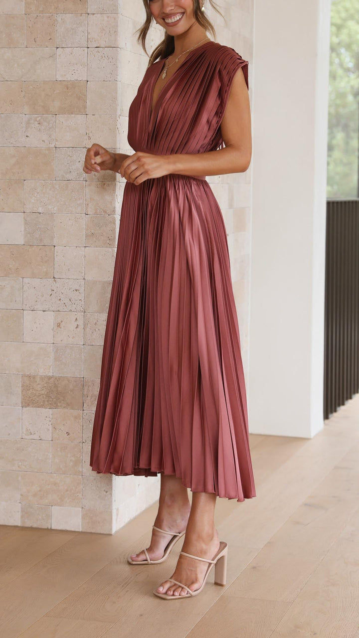 Nicole | Women's Pleated V Neck Midi Wedding Guest Dress