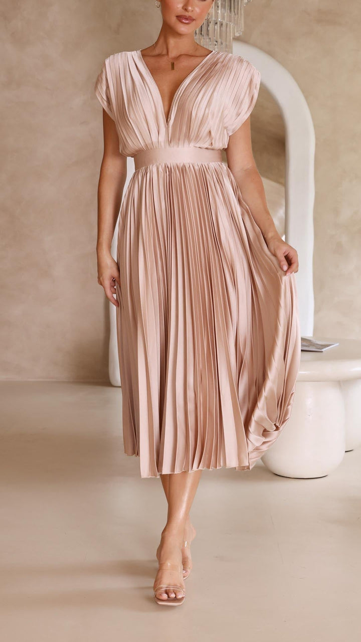 Nicole | Women's Pleated V Neck Midi Wedding Guest Dress