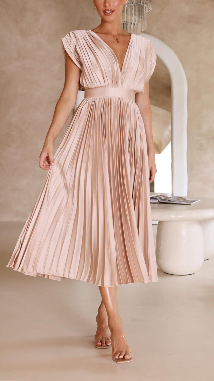 Nicole | Women's Pleated V Neck Midi Wedding Guest Dress