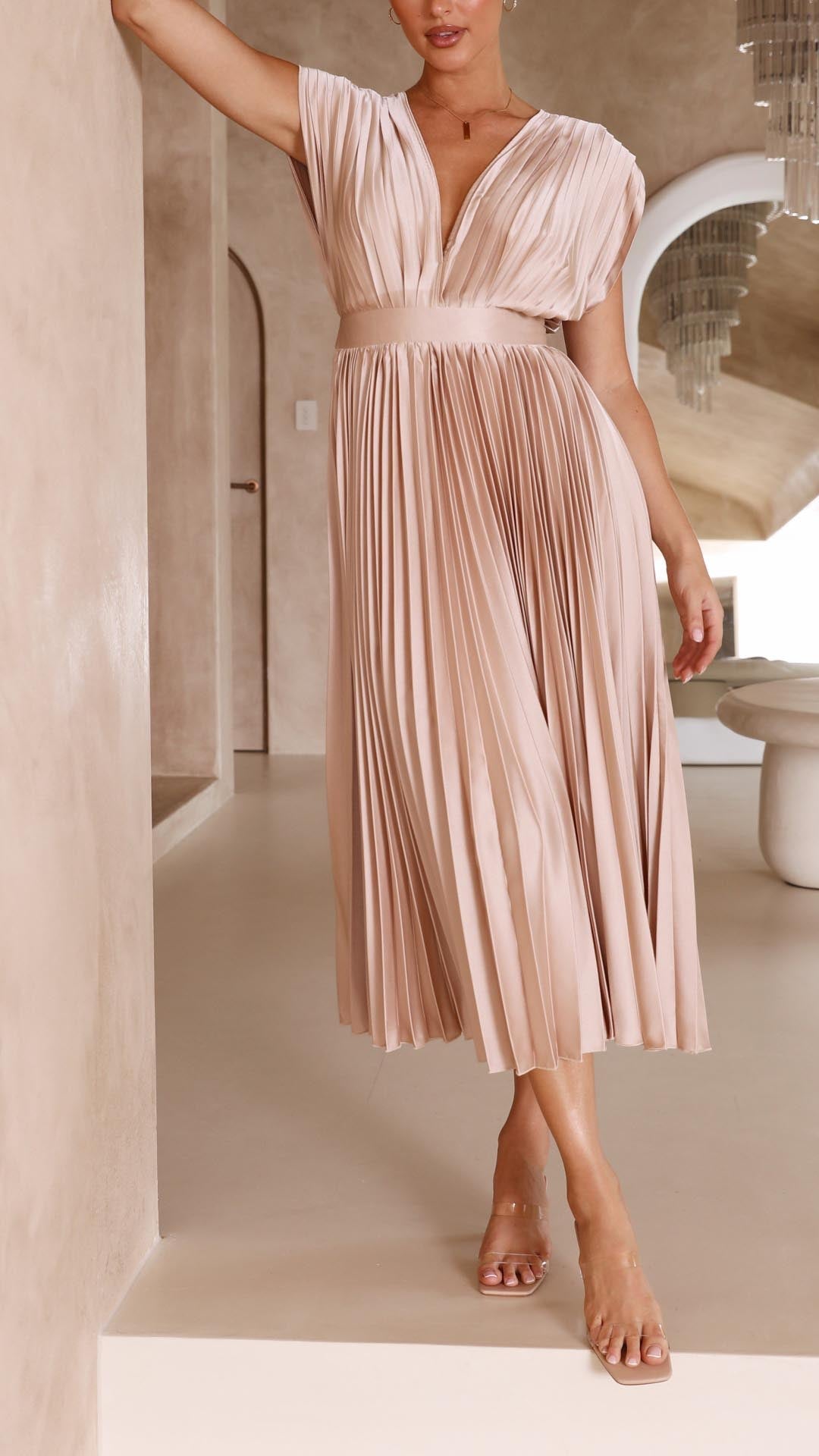 Nicole | Women's Pleated V Neck Midi Wedding Guest Dress