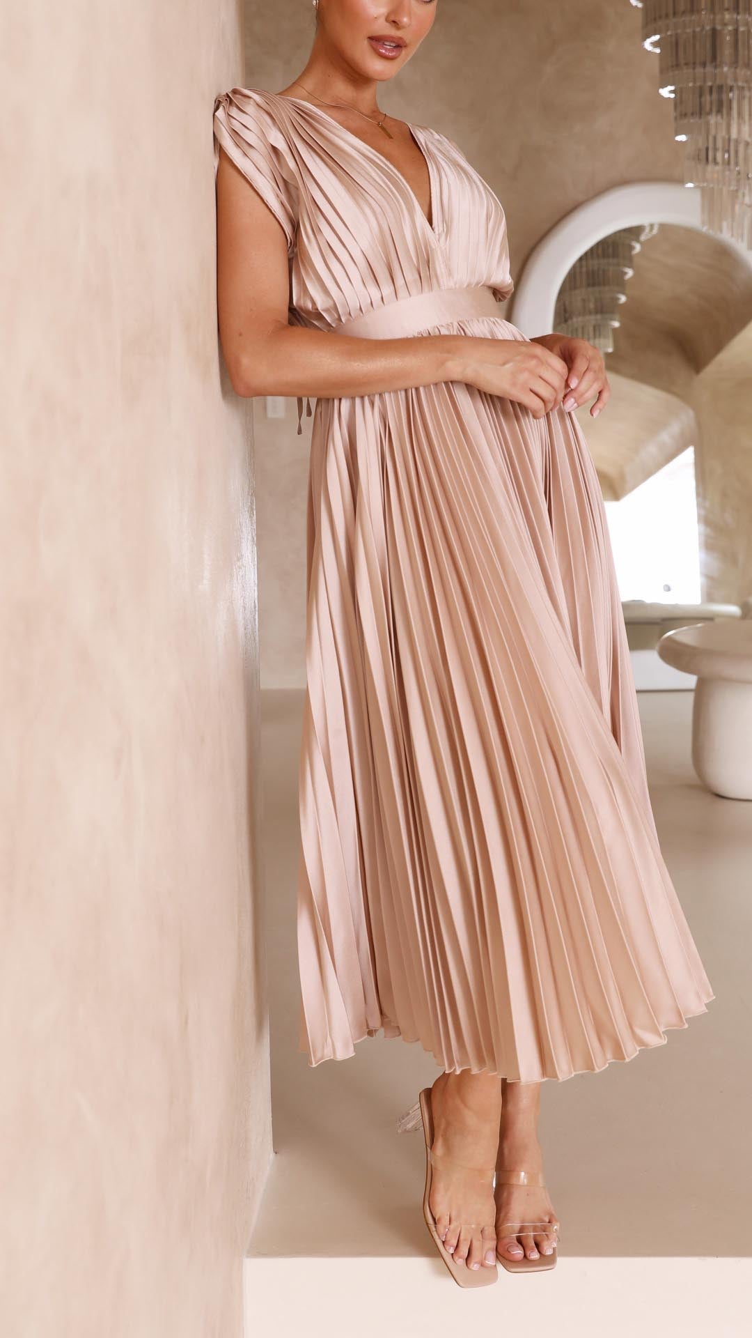 Nicole | Women's Pleated V Neck Midi Wedding Guest Dress