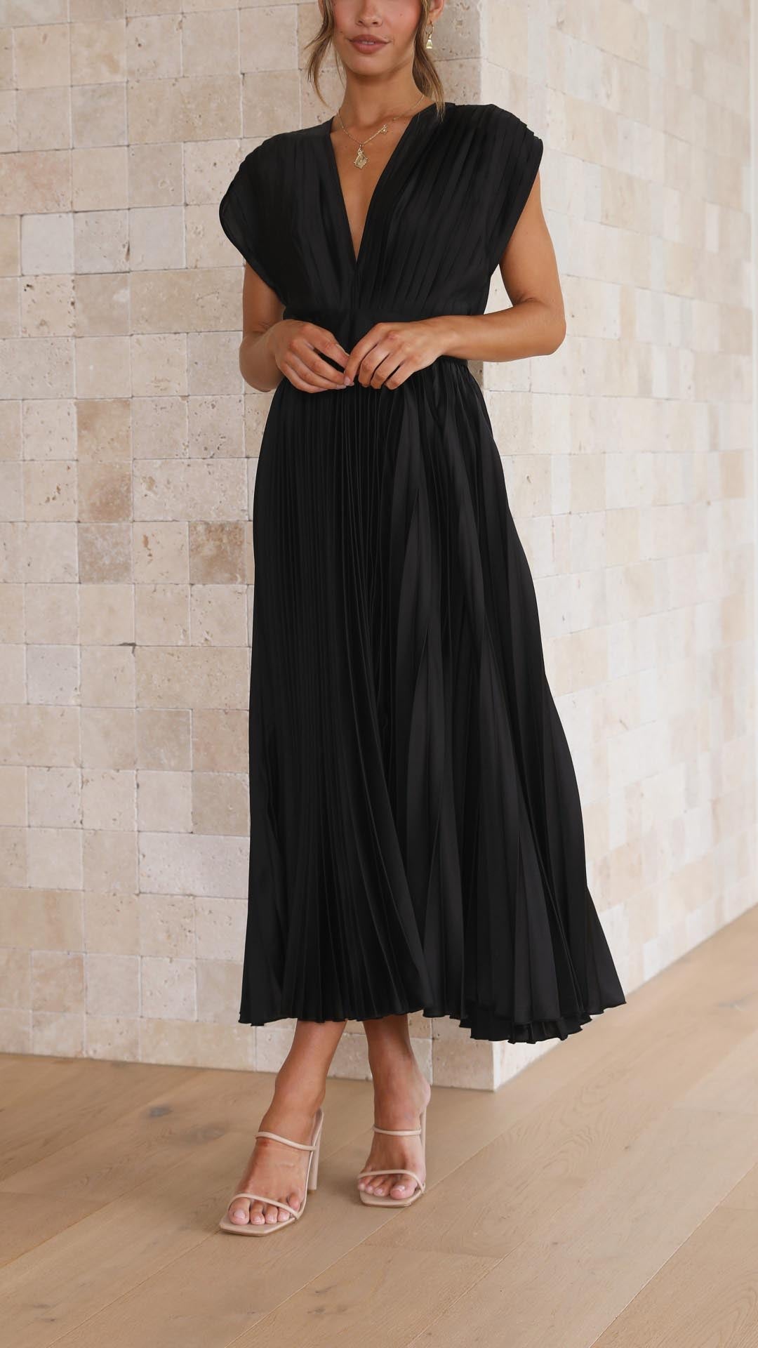Nicole | Women's Pleated V Neck Midi Wedding Guest Dress
