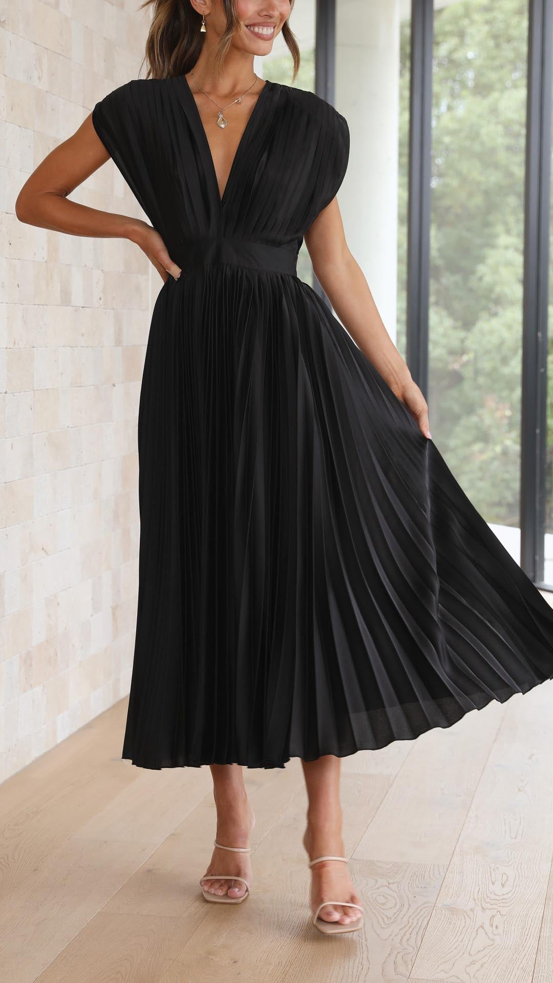 Nicole | Women's Pleated V Neck Midi Wedding Guest Dress
