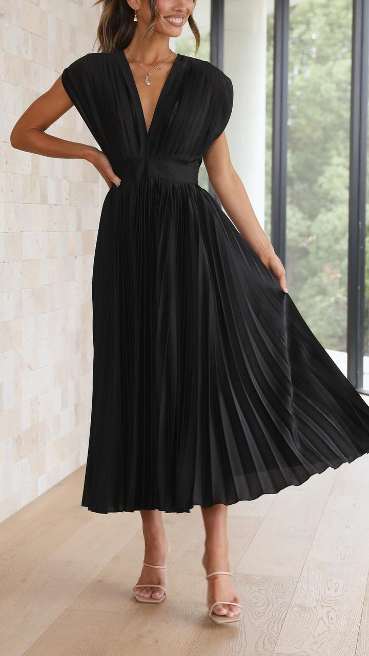Nicole | Women's Pleated V Neck Midi Wedding Guest Dress