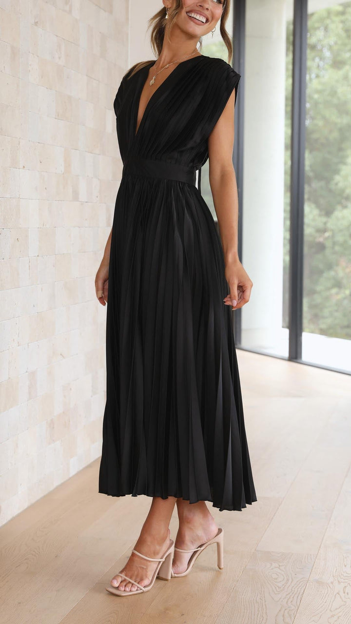 Nicole | Women's Pleated V Neck Midi Wedding Guest Dress