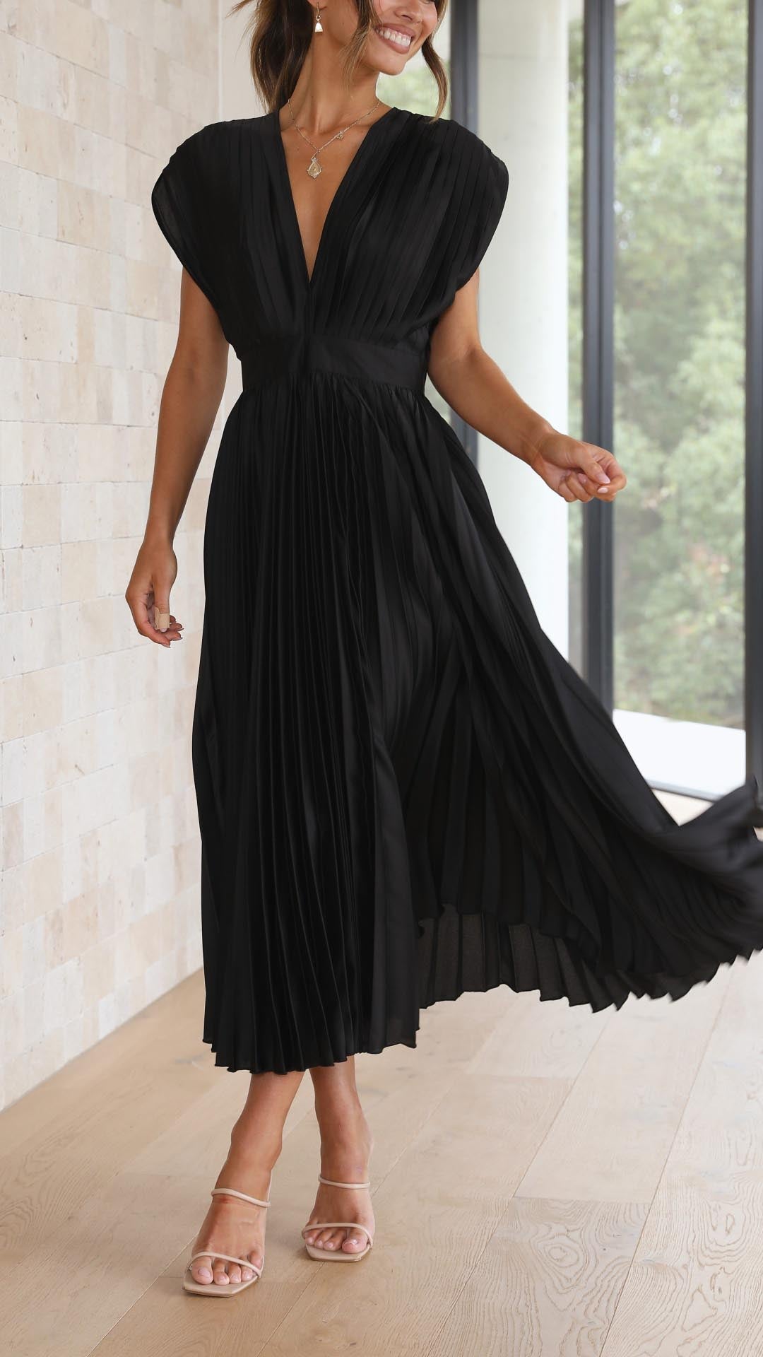Nicole | Women's Pleated V Neck Midi Wedding Guest Dress