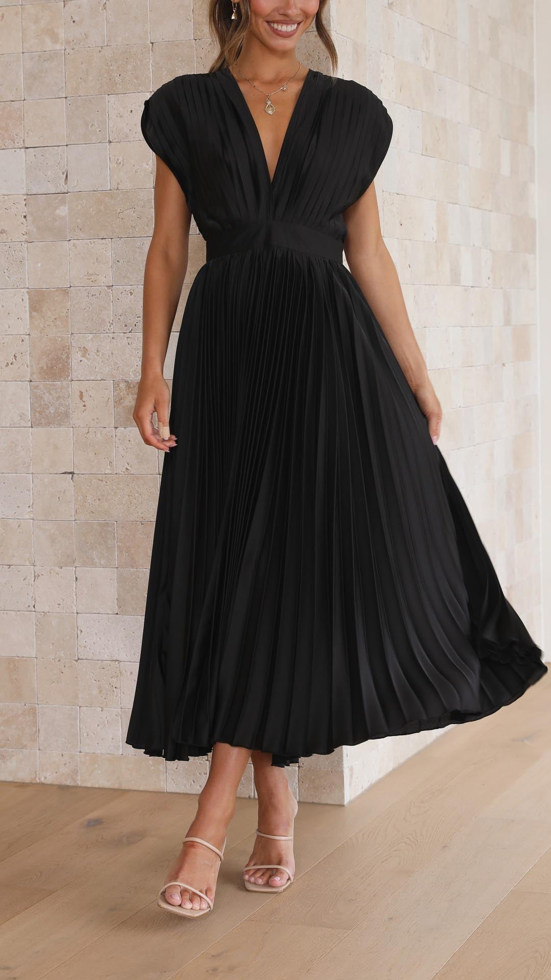 Nicole | Women's Pleated V Neck Midi Wedding Guest Dress