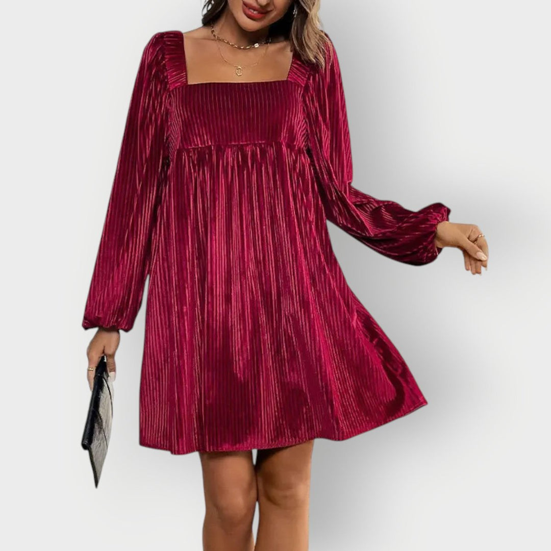 Women's Pleated Velvet Square-Neck Long-Sleeve Formal Dress - Wine Red