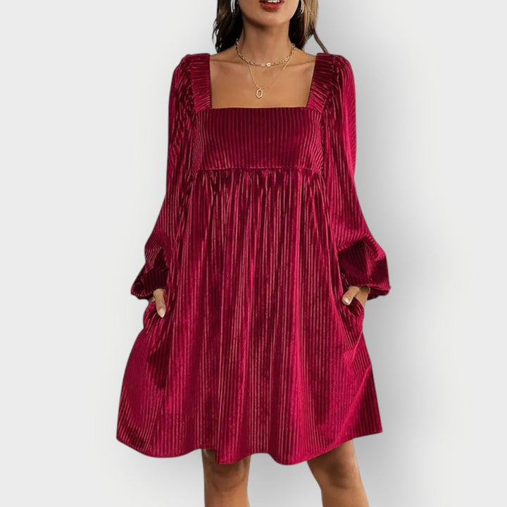 Women's Pleated Velvet Square-Neck Long-Sleeve Formal Dress