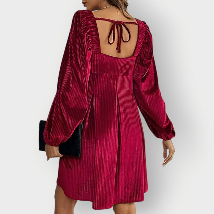 Women's Pleated Velvet Square-Neck Long-Sleeve Formal Dress
