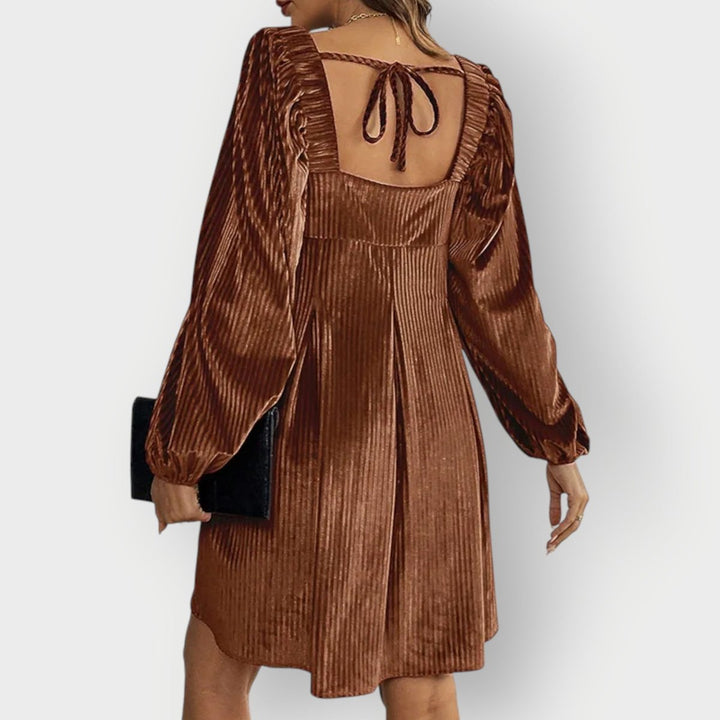 Women's Pleated Velvet Square-Neck Long-Sleeve Formal Dress