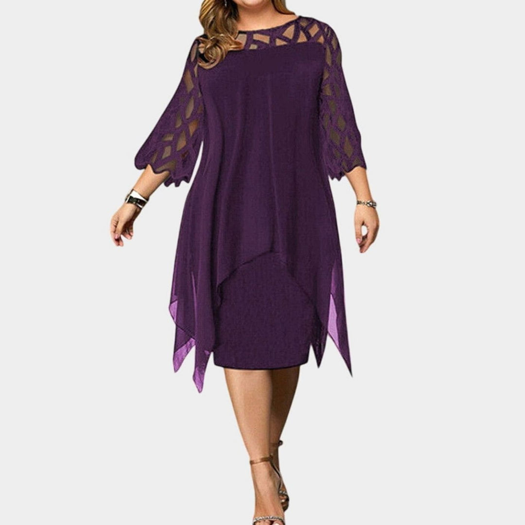 Women's Plus Size Lace-Overlay Chiffon Midi Dress Elegant Chic - Purple