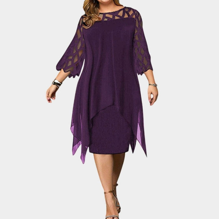 Women's Plus Size Lace-Overlay Chiffon Midi Dress Elegant Chic - Purple