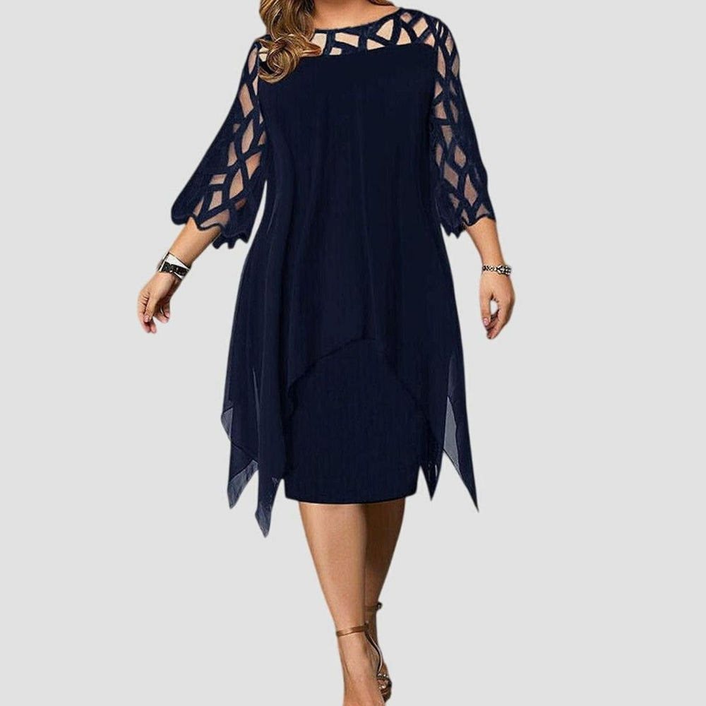 Women's Plus Size Lace-Overlay Chiffon Midi Dress Elegant Chic - Deep Blue
