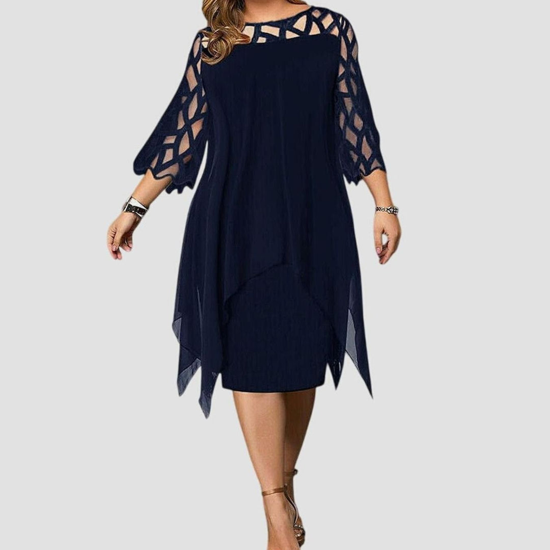 Women's Plus Size Lace-Overlay Chiffon Midi Dress Elegant Chic - Deep Blue