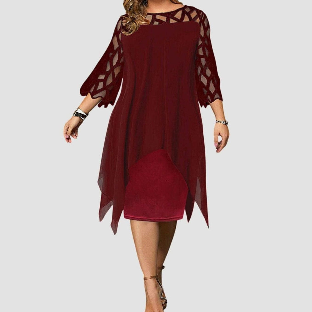 Women's Plus Size Lace-Overlay Chiffon Midi Dress Elegant Chic - Wine Red