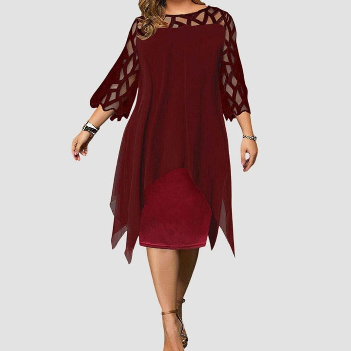 Women's Plus Size Lace-Overlay Chiffon Midi Dress Elegant Chic - Wine Red
