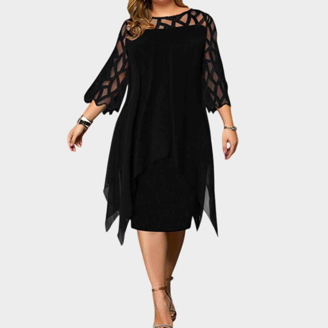 Women's Plus Size Lace-Overlay Chiffon Midi Dress Elegant Chic - Black