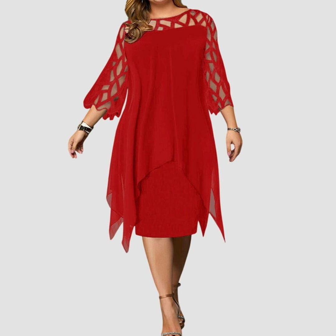 Women's Plus Size Lace-Overlay Chiffon Midi Dress Elegant Chic - Red