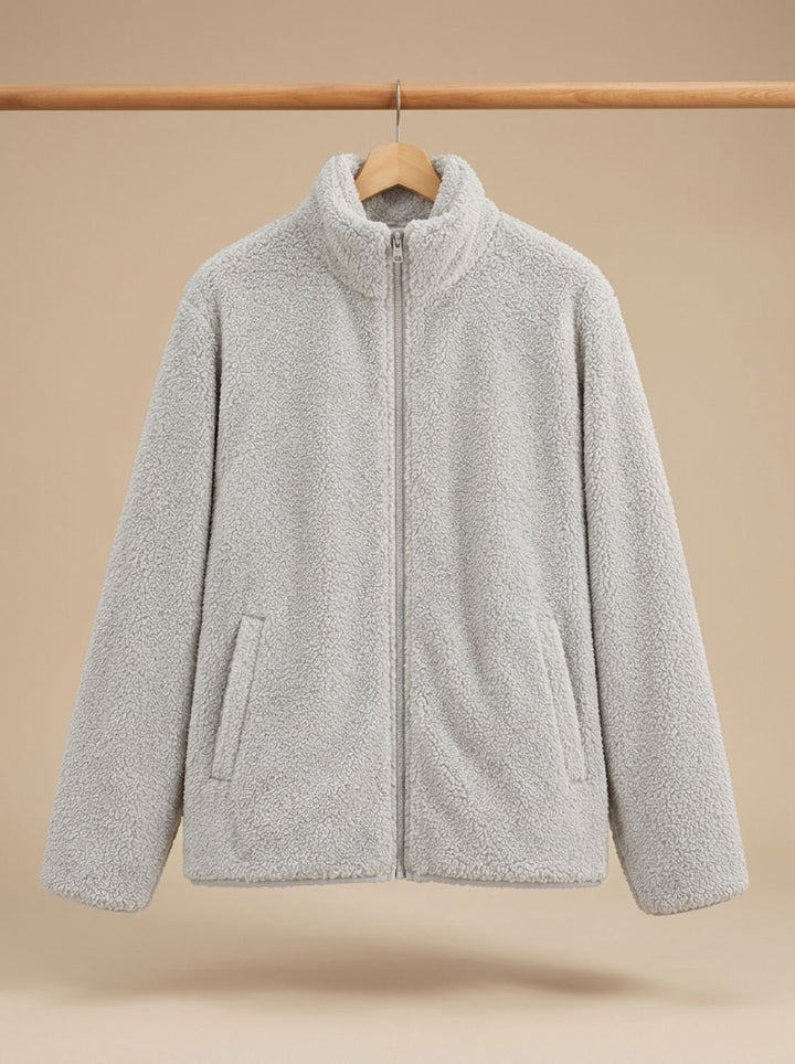 Women's Plush Fleece Full-Zip Stand-Collar Jacket - Light Gray