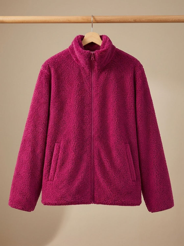 Women's Plush Fleece Full-Zip Stand-Collar Jacket - Red