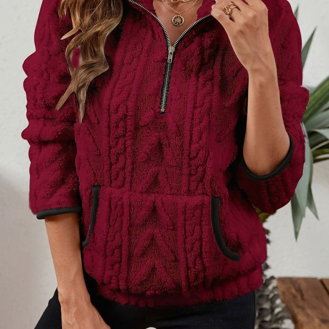 Women's Plush Fleece Half-Zip Kangaroo Pocket Pullover Sweater - Burgundy