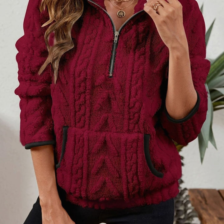 Women's Plush Fleece Half-Zip Kangaroo Pocket Pullover Sweater - Burgundy