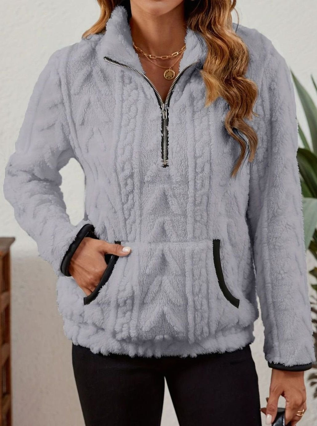 Women's Plush Fleece Half-Zip Kangaroo Pocket Pullover Sweater