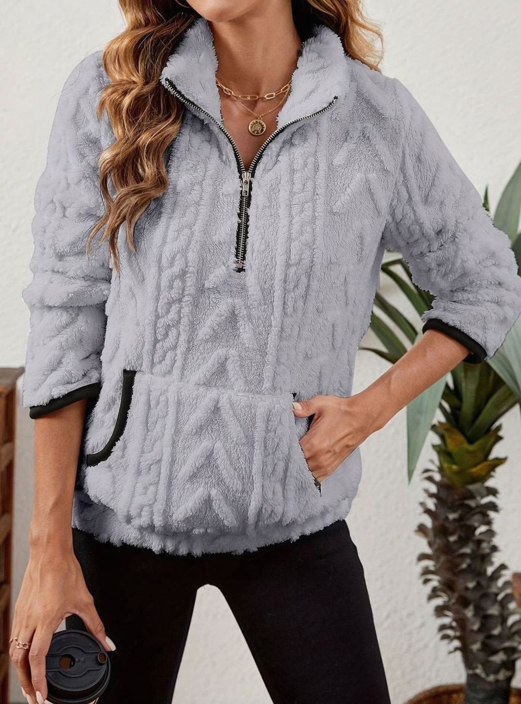 Women's Plush Fleece Half-Zip Kangaroo Pocket Pullover Sweater