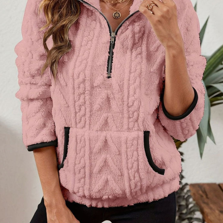 Women's Plush Fleece Half-Zip Kangaroo Pocket Pullover Sweater - Pink