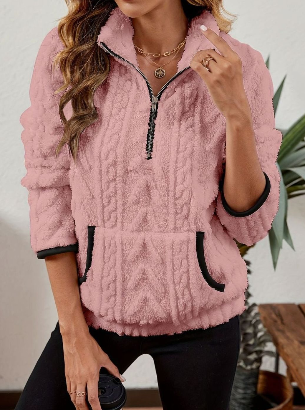 Women's Plush Fleece Half-Zip Kangaroo Pocket Pullover Sweater