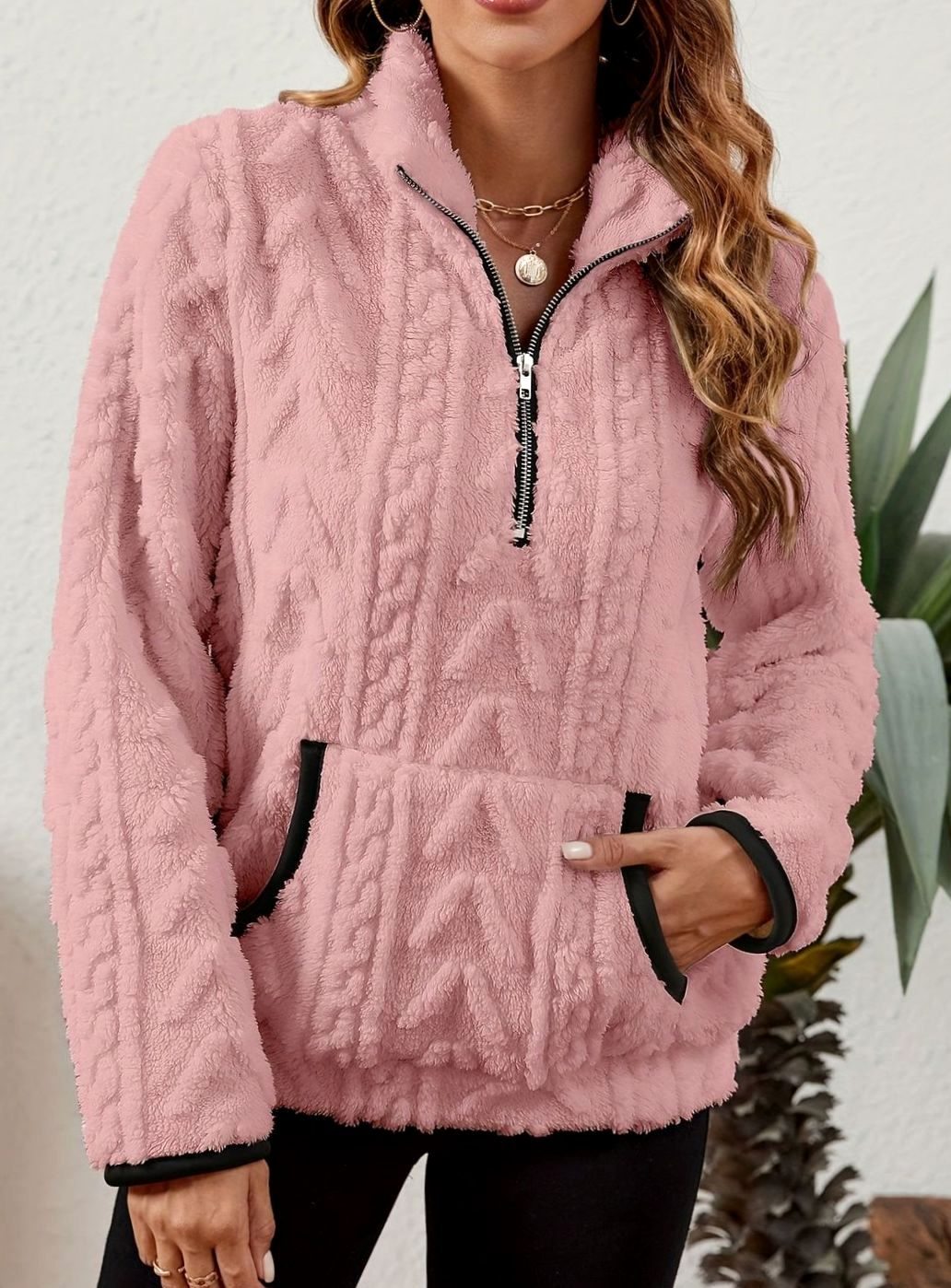 Women's Plush Fleece Half-Zip Kangaroo Pocket Pullover Sweater