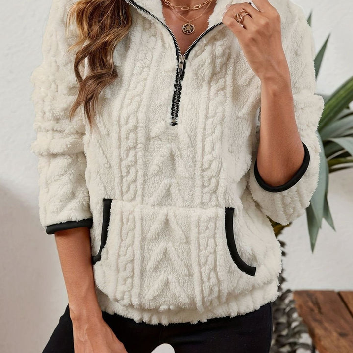 Women's Plush Fleece Half-Zip Kangaroo Pocket Pullover Sweater - White