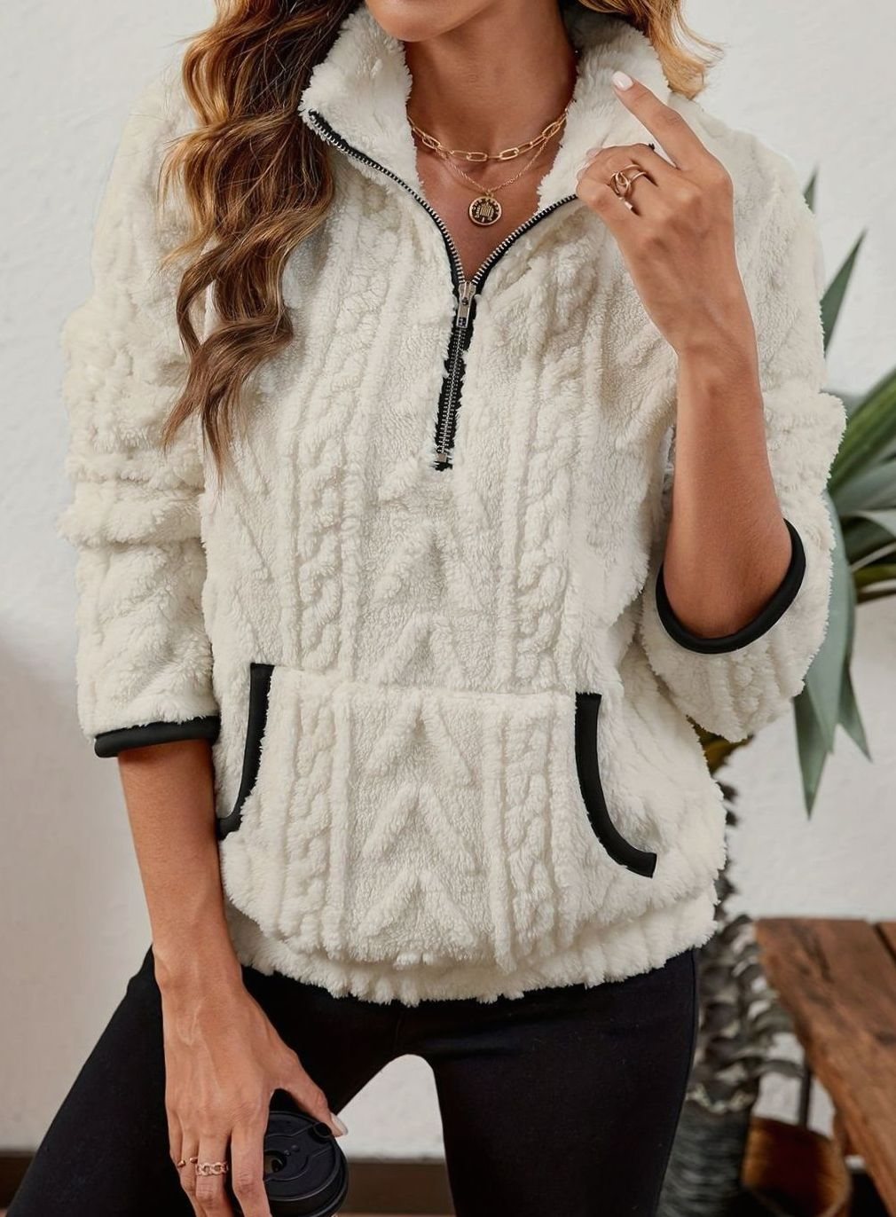 Women's Plush Fleece Half-Zip Kangaroo Pocket Pullover Sweater