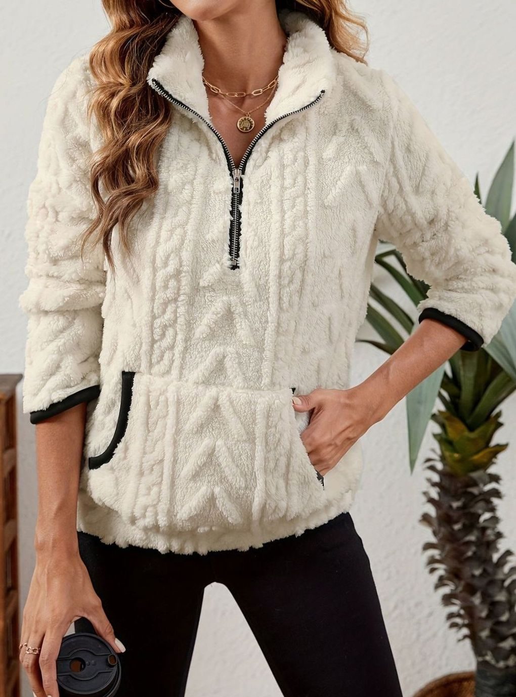 Women's Plush Fleece Half-Zip Kangaroo Pocket Pullover Sweater
